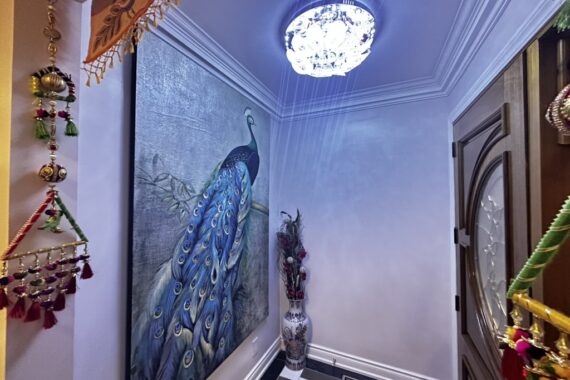 Entryway interior with decorative peacock wall art, modern ceiling chandelier, crown molding, and custom front door.